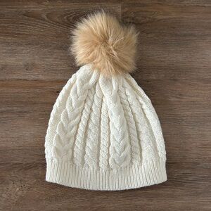 J. Crew Cream Cable Knit Hat with Tan Pom